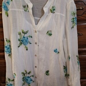 White Embroidered Floral Button-Front Women's Blouse